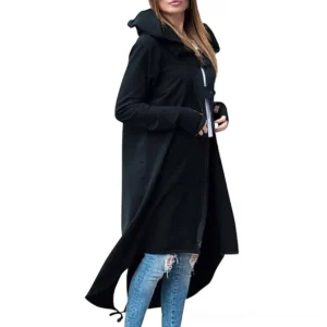 Dark gothic overcoat with drawstring hood and thumbhole cuffs - side three-quarter profile