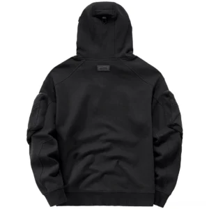 Gothic hoodie back view showing metal leather brand patch and raglan sleeve construction