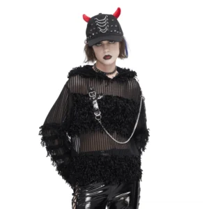 Black gothic distressed sheer hoodie front view on model with punk aesthetic styling, detachable chain and mesh fabric visible