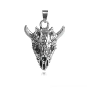 Memento mori horned skull pendant with Star of David engraving - front overhead view showing intricate skeletal detail and vintage silver stainless steel gothic jewelry