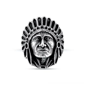 Indian chief portrait stainless steel statement ring frontal view showcasing detailed carved facial features and aged metal finish