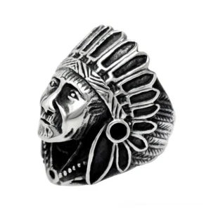 Gothic Indian chief stainless steel ring with intricate feathered headdress carving and dark vintage silver finish, shown from left side angle