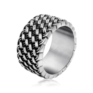 Interwoven stainless steel gothic ring top view showing woven braided surface pattern and polished silver finish