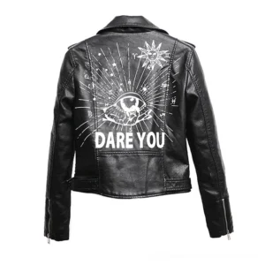Back view of black PU leather jacket featuring iconic DARE YOU graphic and sun-eye design on white studio background