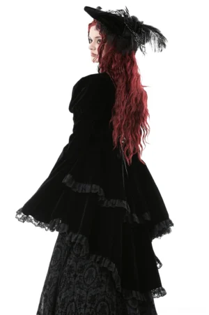 Gothic lace-up jacket back view, tiered ruffled high-low hem, crisscross lace-up closure detail
