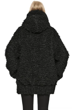 Black gothic hooded jacket back view showing loose oversized fit and side pockets