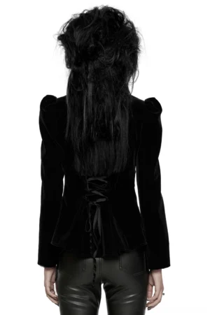 Gothic velvet jacket back view featuring lace-up corset closure and padded shoulders on model