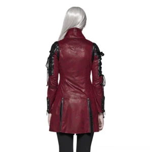 Gothic wine-red leather jacket with back side zippers and cracked leather texture - full back view