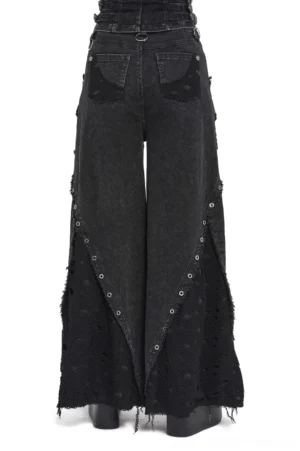 Distressed wide-leg gothic pants rear view, showing mesh inserts and frayed hemlines