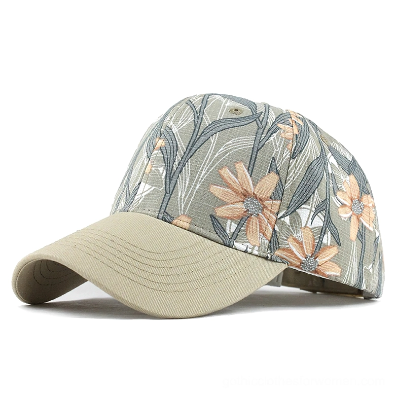 Khaki gothic baseball cap with sage green crown and orange daisy flower print, rear angle view