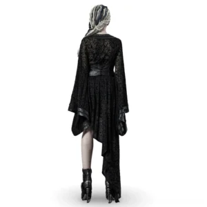 Black gothic kimono dress back view showing corset waist detail and flowing train hem