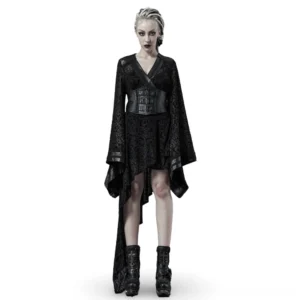 Black flocked lace gothic kimono dress front view with embroidered belt and asymmetrical hem