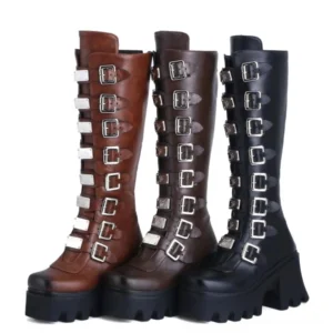 Gothic knee-high platform boots with silver buckle straps in three colors black brown and coffee front view