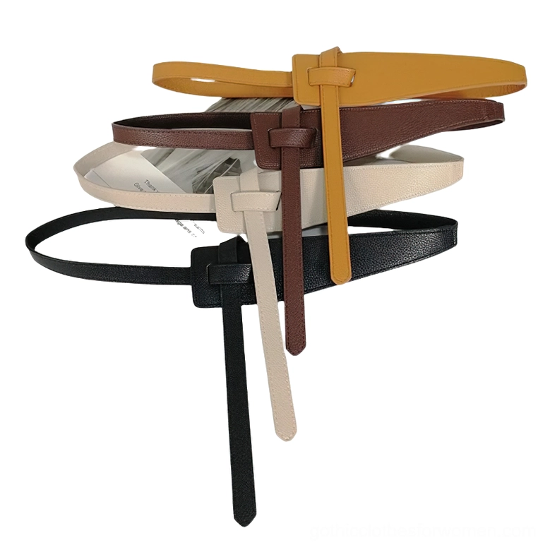 Collection of four assorted knotted PU leather waist belts in black, brown, camel, and khaki with unified knot buckle style