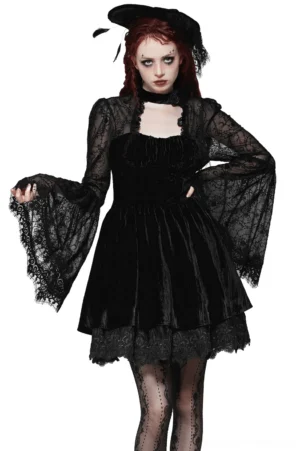 Victorian gothic lace bell sleeve dress with velvet bodice and layered hem - front three-quarter view on model
