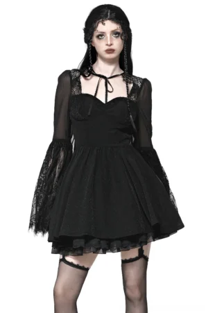 Black lace bell sleeve gothic dress with sweetheart neckline and lace-up corset back, front view on model