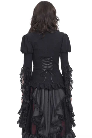 Gothic lace blouse back view showing lace-up corset detailing and ruffled hem, worn with matching burgundy tulle skirt