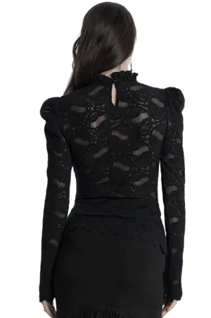 Black gothic lace blouse back view displaying keyhole button closure and scalloped hem detail on model