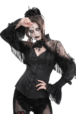 Black lace Victorian gothic blouse with beaded tassel pendant, front three-quarter view on model with dramatic dark studio lighting
