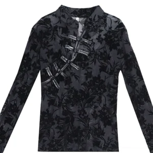 Black gothic lace blouse flat lay product shot showing sheer mesh construction, delicate floral pattern details, and frog button closure system