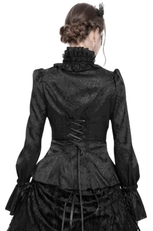 Gothic lace blouse back detail, corset-style back lacing, jacquard fabric texture, model with updo hairstyle