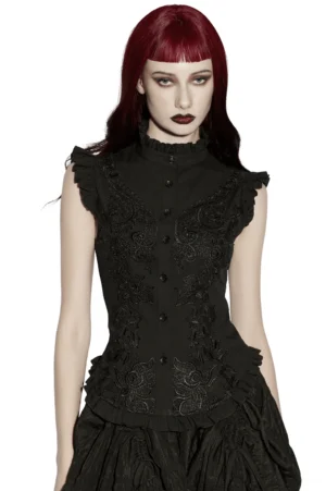 Black gothic lace ruffle blouse with corset back and flying shoulder ruffles - front view on model with red and dark hair
