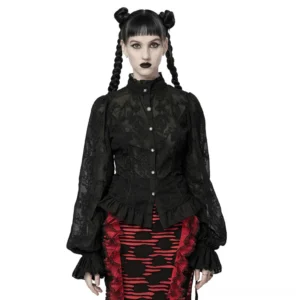 Women's Victorian corset-back embroidered lace gothic blouse front view worn by model, featuring ruffled stand collar and dramatic lantern sleeves