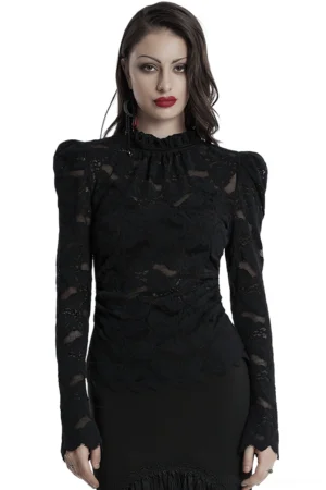 Black gothic lace blouse with ruffled stand collar and puff sleeves worn on model, front view showcasing intricate paisley lace pattern and dramatic silhouette