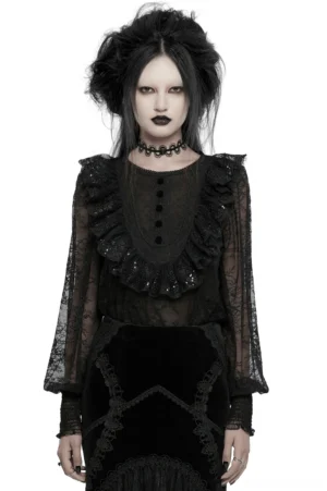 Black lace gothic blouse with sequin ruffle neckline - front full view
