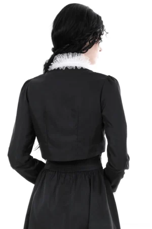 Gothic cropped lace bolero jacket rear view displaying padded shoulders and structured back construction with white ruffled neck trim
