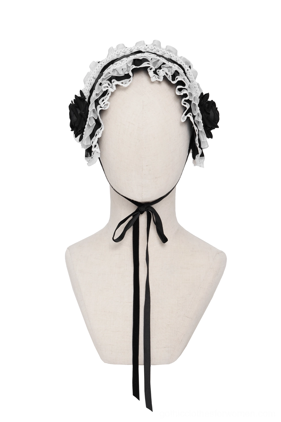 Front facing display of gothic lolita bonnet with double black roses and adjustable ribbon chin strap