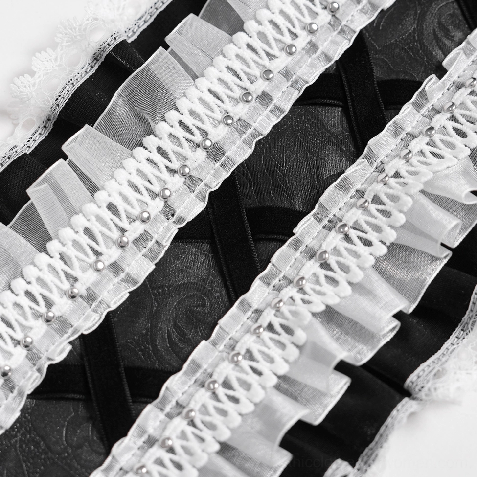 Black and white gothic lolita lace bonnet detail shot showcasing layered lace trim and Victorian construction