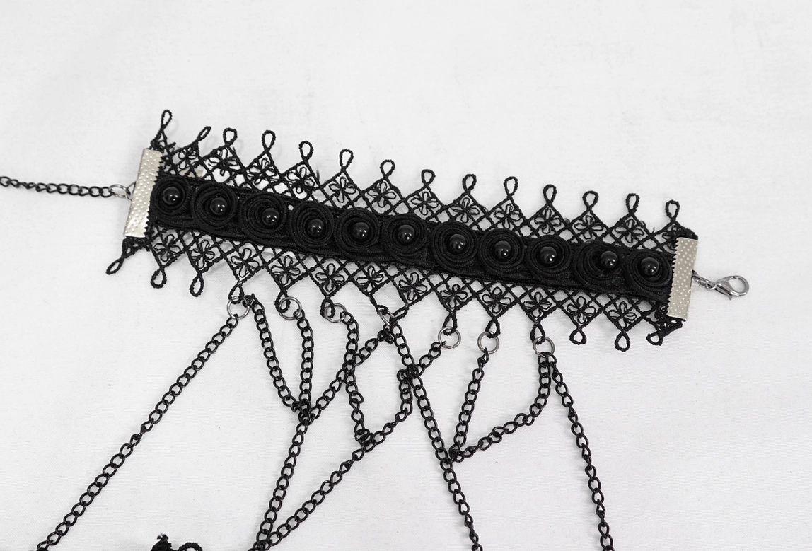 Black lace gothic chain bracelet component with adjustable metal clasp and hollow lace trim detail