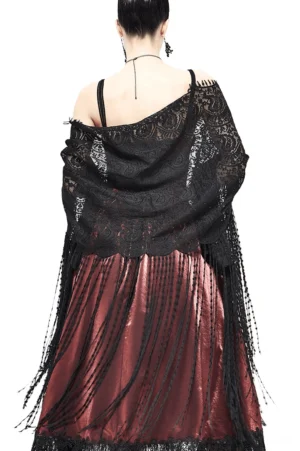 Black lace tassel cape back view - model showcasing sheer lace fabric and long hem tassels from behind