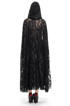 Gothic lace hooded cape rear view showing full damask floral pattern and floor-length silhouette