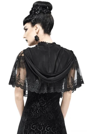 Gothic hooded lace cape rear view on model, showing sheer mesh overlay and attached hood design