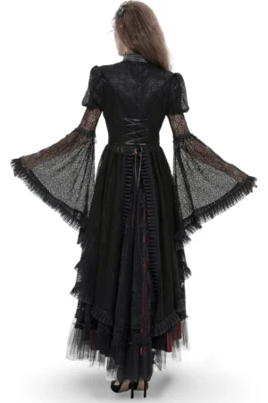 Black Victorian gothic lace cape back view showing corset-style lacing and flared ruffled sleeves on model