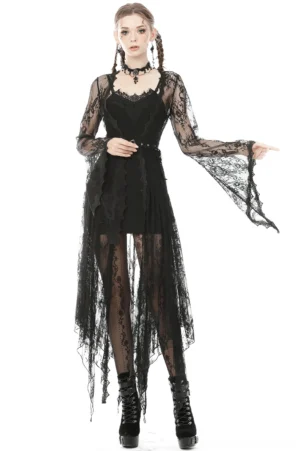 Black gothic lace bell sleeve cape with asymmetric hem - front view on model with double braids