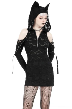 Black lace cat ear hooded zip-up mini dress front three-quarter view on model wearing fishnet stockings and stud choker