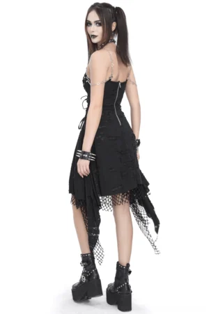 Black gothic dress back view showing metal zipper closure and heart chain shoulder straps