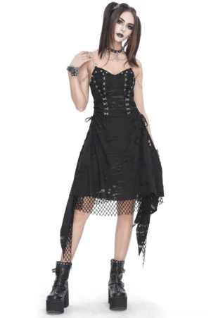 Black lace chain dress asymmetrical hem front view on model with heart metal straps and distressed fabric