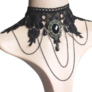 Black lace gothic choker necklace for women displayed on mannequin, front view showing black gemstone pendant and metal chain details
