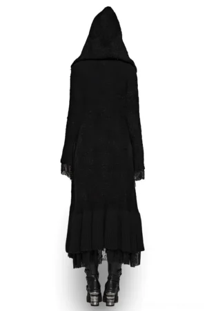 Gothic hooded lace cloak coat back view, pleated lace hem detail
