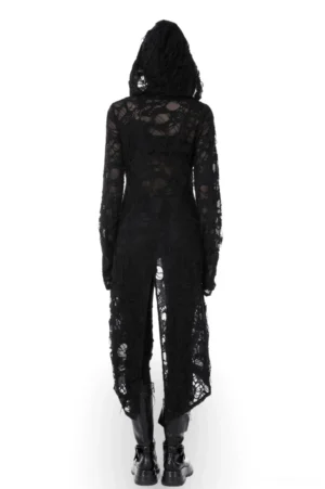 Back view of gothic black lace coat with hood showing sheer distressed lace overlay and split back tail detail