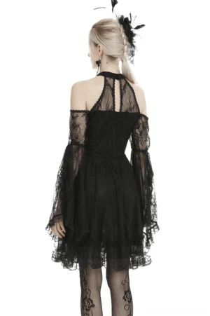 Black lace gothic cold shoulder dress rear view showing open back panel and halter choker neck
