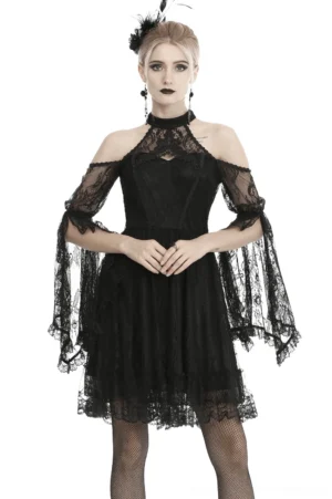 Black lace cold shoulder gothic dress with bell sleeves and choker neckline, front view on model