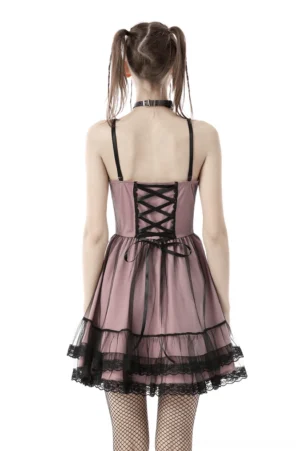 Black lace corset mini dress back view showing adjustable lace-up corset design and tulle skirt