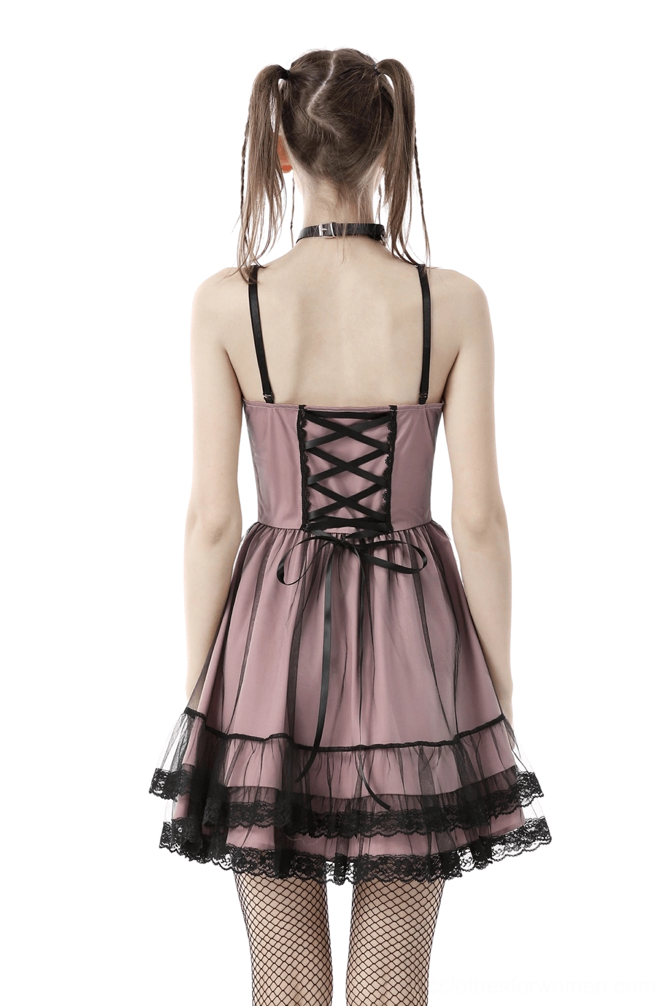 Black lace corset mini dress back view showing adjustable lace-up corset design and tulle skirt