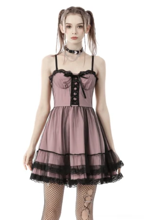Black lace corset mini dress front view on model with dusty pink base and scalloped lace trim