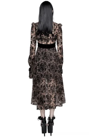 High-low gothic lace dress with bell sleeves, full back view showing asymmetrical hem